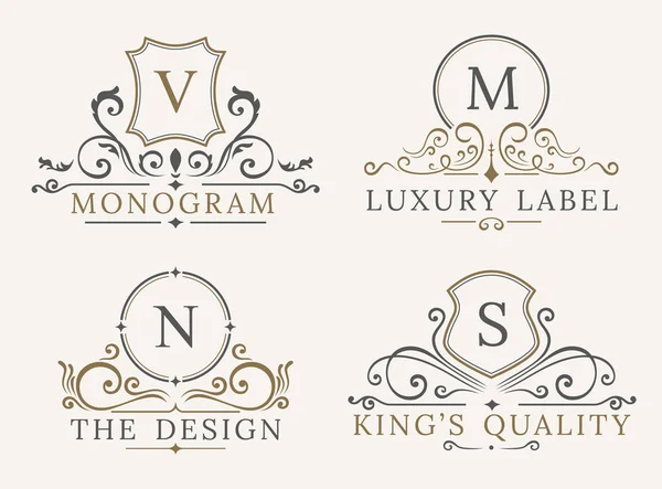 Luxury Logo Template. Shield Business Sign for Signboard. Monogram Identity  Restaurant, Hotels, Boutique, Cafe, Shop, Jewelry, Fashion. Flourishes Vector Calligraphic Ornament Elements — Stock Vector