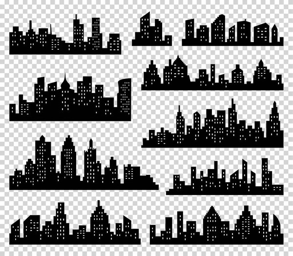Городской векторный набор силуэтов. Панорама фон. Городская пограничная коллекция. Здания с окнами
