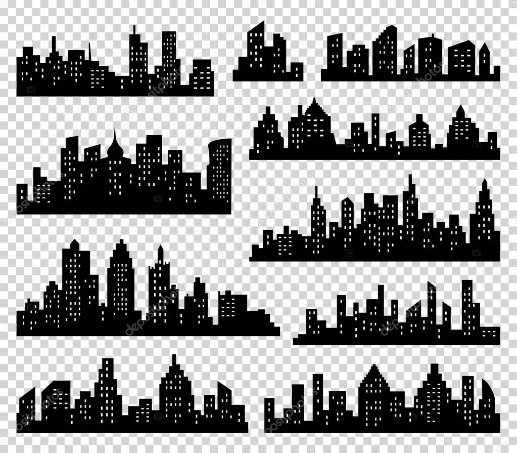 City silhouette vector set. Panorama  background. Skyline urban border collection. Buildings with windows