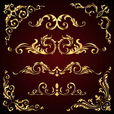 Altın süslü sayfa dekor öğeleri afiş, çerçeveler, bölücüler, süs eşyaları ve koyu arka plan üzerinde desenler gibi Victoria vektör kümesi. Altın kaligrafi swirls