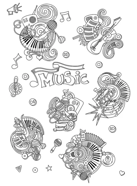 Fondo musical abstracto, Collage con instrumentos musicales.Dibujo a mano Doodle, ilustración vectorial . — Vector de stock