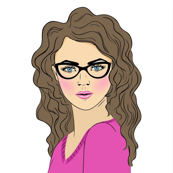 Belle femme surprise dans le style de bande dessinée pop art. Illustration vectorielle EPS10. BD fille avec des lunettes — Image vectorielle