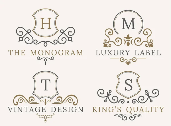 Luxe logo set. Kalligrafische patroon elegant decor elementen. Vintage vector ornament tekens en symbolen. De Letters W, H, T, S — Stockvector