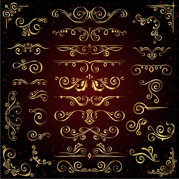 Altın süslü sayfa dekor öğeleri afiş, çerçeveler, bölücüler, süs eşyaları ve koyu arka plan üzerinde desenler gibi Victoria vektör kümesi. Altın kaligrafi girdap