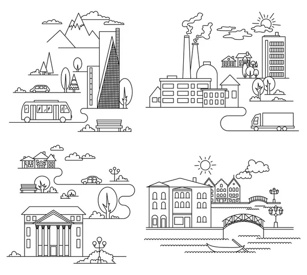 Illustrazione della città vettoriale in stile lineare - edifici e nuvole - modello di grafica. Libro da colorare — Vettoriale Stock