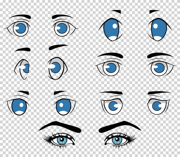 Uppsättning av olika mänskliga och anime ögon, tecknad flicka ansikte element. Vektorillustration — Stock vektor
