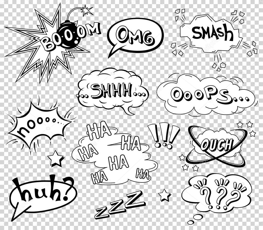 Comic speech bubbles set, wording sound effect  design for  background, strip.  Book Bang cloud, pow  and cool exclamation, bomb