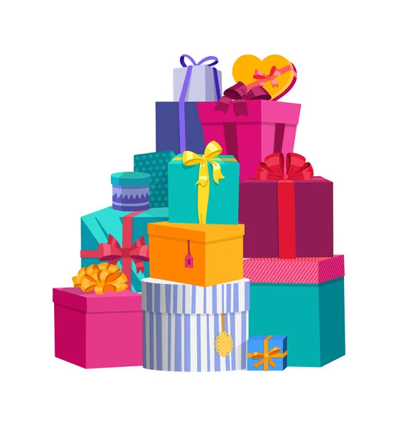 Μεγάλος σωρός από πολύχρωμα τυλιγμένα κουτιά δώρων. Όμορφο παρόν πλαίσιο. Δώρο πλαίσιο εικονίδιο. Σύμβολο του δώρου. Συσκευασία δώρου. Απομονωμένη διανυσματικά εικονογράφηση — Διανυσματικό Αρχείο