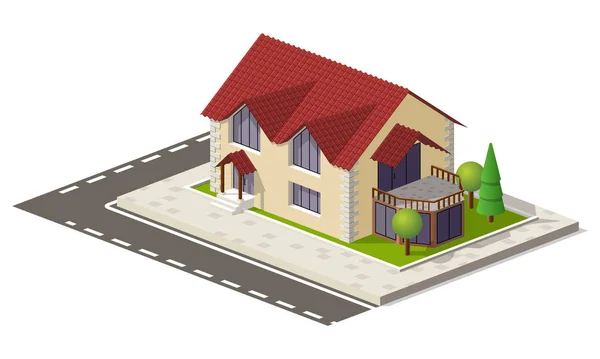 Belle petite maison isométrique sur terrain vert isolé sur fond blanc. Concept immobilier, immobilier, construction et location — Image vectorielle
