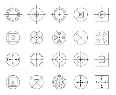 Beyaz arka plan üzerinde izole vektör daire basit hedefleri topluluğu. Farklı crosshair simgeler. Şablonları amaçlamaktadır. Çekim işaretleri ve çapraz kıllar tasarım