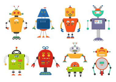 Komik izole robot seti. Gelecekte robotlar üzerinde beyaz izole. Düz vektör çizim set