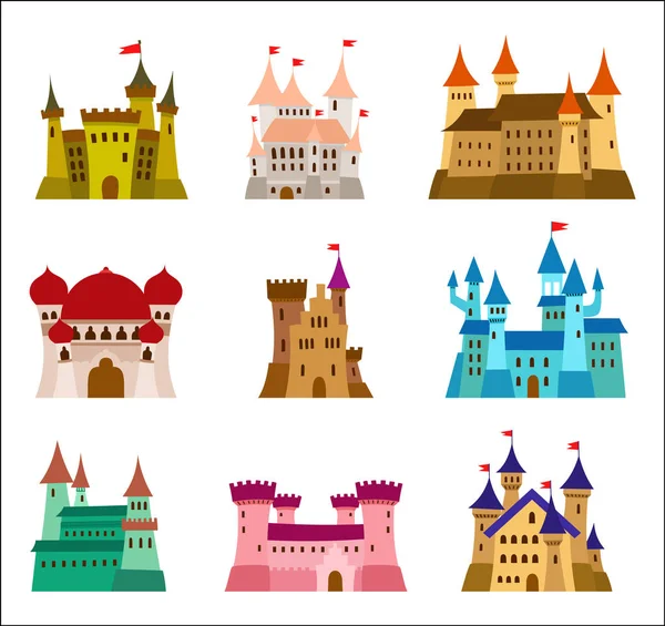 Slott og festninger flate design vektorikoner. Illustrasjoner av ruiner, herskapshus, palasser, villaer og andre middelalderbygninger – stockvektor