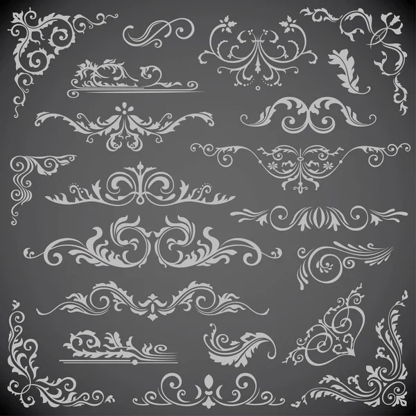 Conjunto de vectores oscuros de elementos giratorios para el diseño de marcos. Decoración de página caligráfica, Etiquetas, banderas, marcos antiguos y barrocos ornamentos florales. Boda — Vector de stock