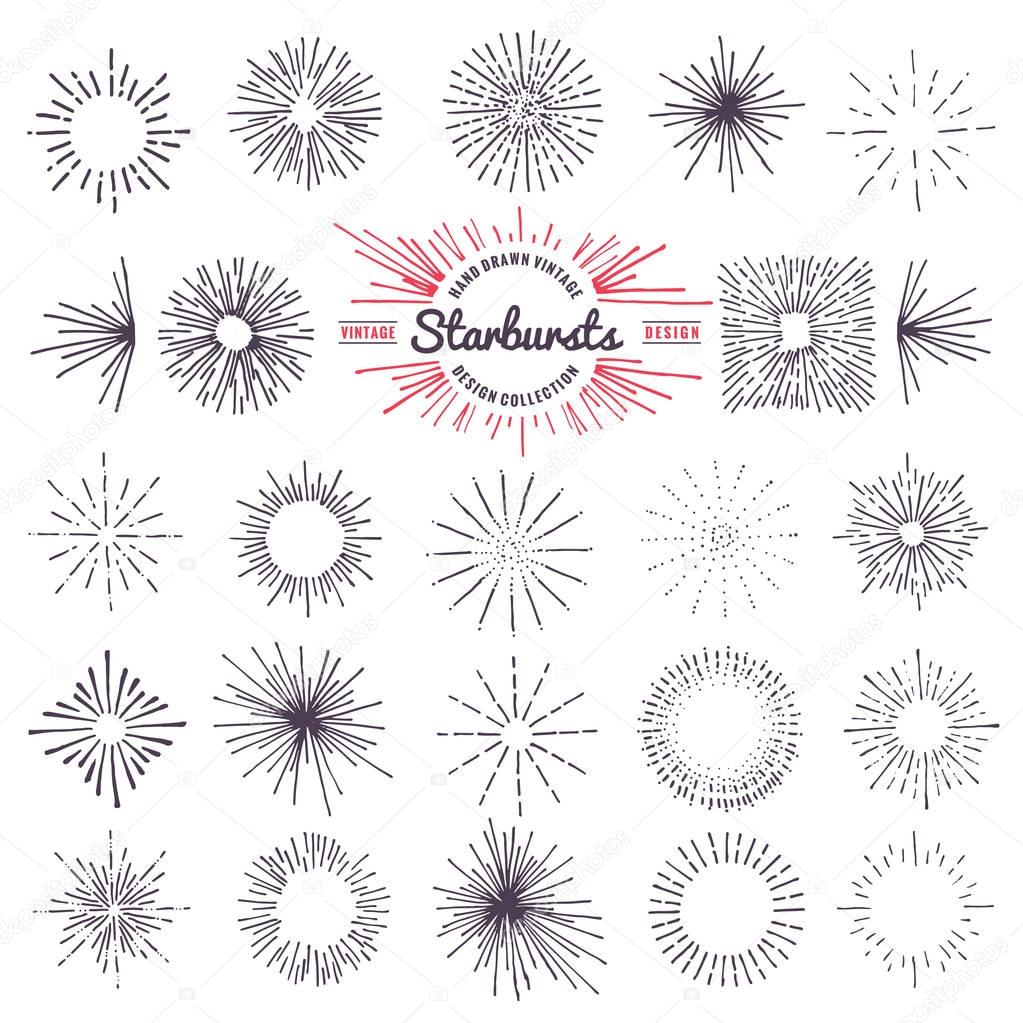 Collection of trendy hand drawn retro sunburst. Bursting rays design elements