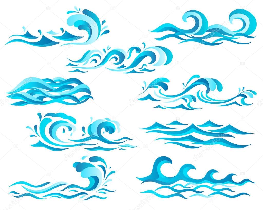 Decorative blue sea waves and surf icons with curls of powerful water stream, splashes and white foam caps. May be used in nature, marine journey or travel theme.