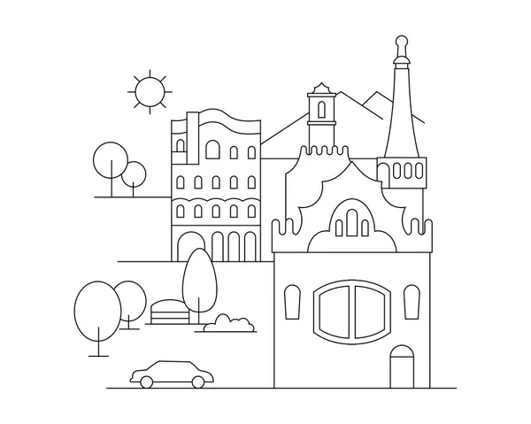 Ilustración de ciudad vectorial en estilo lineal - edificios y nubes - plantilla de diseño gráfico. Libro para colorear — Vector de stock