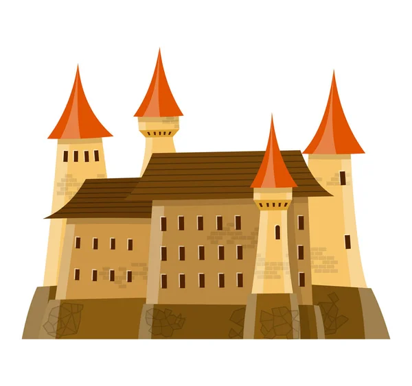 Castillo medieval de hadas en estilo de dibujos animados sobre fondo blanco está aislado — Archivo Imágenes Vectoriales