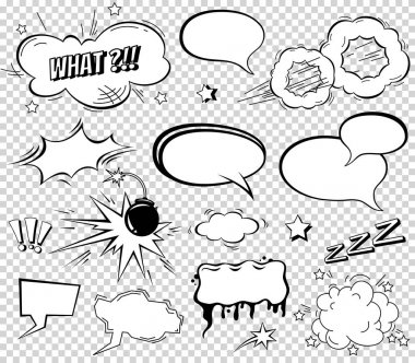 Komik konuşma seti kabarcıklar, ses efekti tasarım arka plan için ifadeler, şerit. Kitap Bang bulut, pow ve serin ünlem, bomba