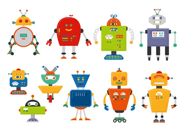 Set of cute vintage cartoon robots — Stock Vector