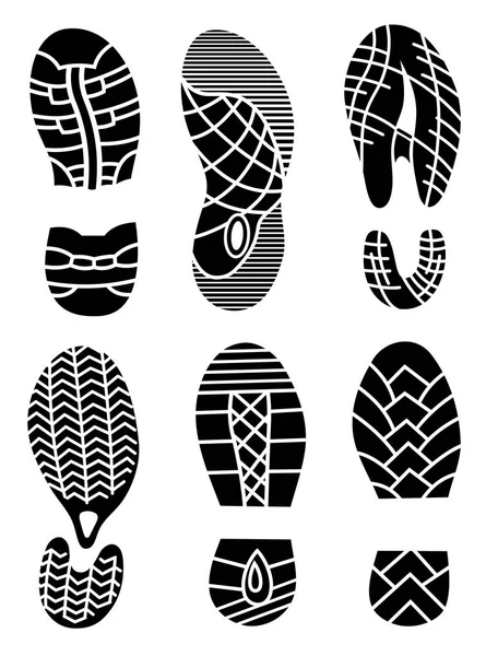 Voetafdruk pictogrammen geïsoleerd op een witte achtergrond. Vector kunst. Collectie van een opdruk soles schoenen. Voetafdruk sportschoenen grote vector illustratie set — Stockvector