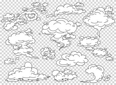 Çizgi roman Buhar bulutlar ayarlayın. Beyaz duman vektör çizim karikatür. Sis düz izole clipart tasarım, etkileri ve reklam afişleri