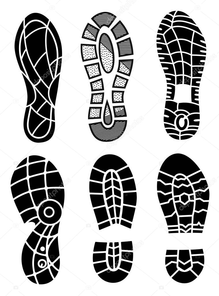 Footprint icons isolated on white background. Vector art. Collection of a imprint soles shoes. Footprint sport shoes big vector illustration set