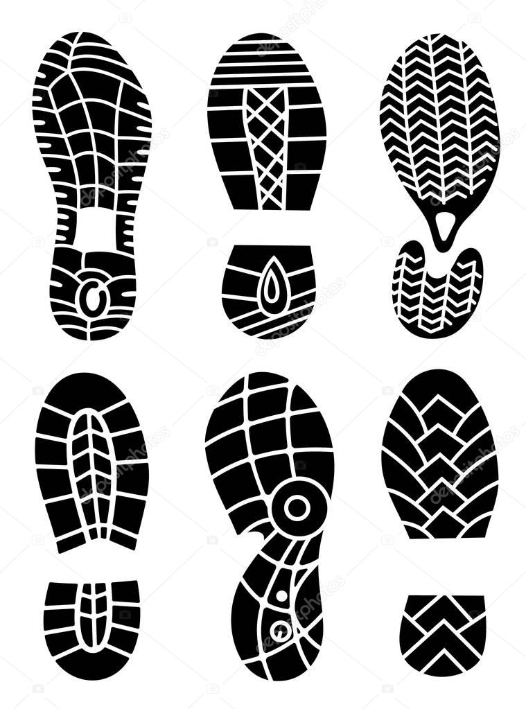 Footprint icons isolated on white background. Vector art. Collection of a imprint soles shoes. Footprint sport shoes big vector illustration set
