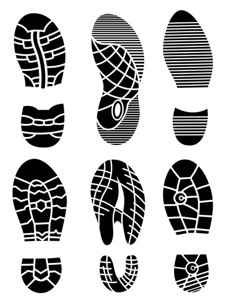 Voetafdruk pictogrammen geïsoleerd op een witte achtergrond. Vector kunst. Collectie van een opdruk soles schoenen. Voetafdruk sportschoenen grote vector illustratie set — Stockvector