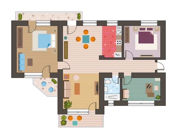 Arquitetônico plano plano plano vista superior com salas de estar casa de banho cozinha e sala de estar móveis vetor ilustração — Vetor de Stock