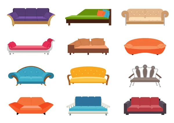 Conjunto de vetor colorido sofá. Coleção confortável sofá isolado no fundo branco para design de interiores. Coleção de ilustração sofá —  Vetores de Stock