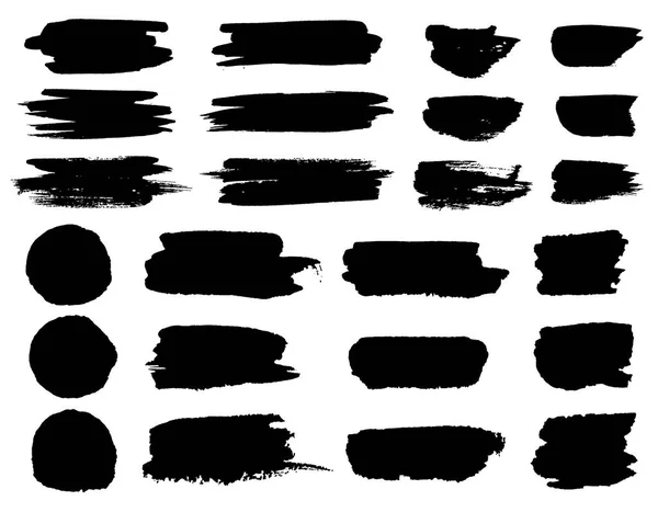 Vector zwarte verf penseel vlekken, markeerstift lijnen of horizontale vlekken van viltstift marker. Viltstift of penseelstreken en streepjes. Inkt vlekken abstracte vorm vlekken en uitstrijkje set met textuur — Stockvector