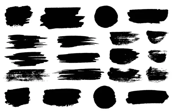 Векторные пятна черной краски, светящиеся линии или маркеры фломастеров на тонких блоках. Маркер ручка или мазки кисти и тире. Пятна абстрактной формы чернил и набор мазков с текстурой — стоковый вектор
