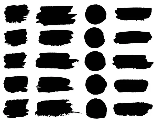 Macchie di pennello nero vettoriale, linee più chiare o pennarelli orizzontali. Pennarello o pennellate e trattini. Macchie di forma astratta macchia di inchiostro e striscio insieme con texture — Vettoriale Stock