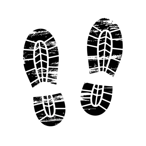 Footprints and shoeprints icons in black and white showing bare feet and the imprint of the soles with the differing patterns of male and female footwear with shoes boots — Stock Vector