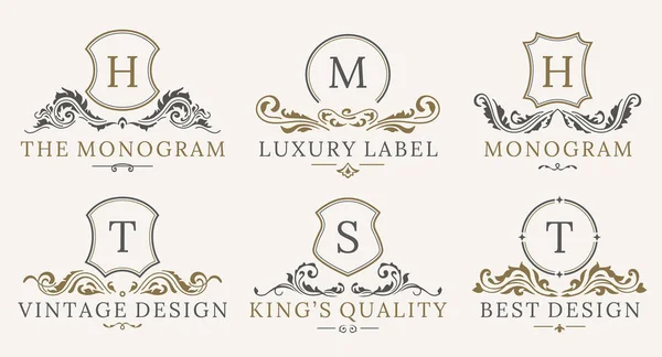 Набор логотипов Retro Royal Vintage Shields. Векторная каллиграфия Элементы дизайна логотипа Luxury. Деловые знаки, логотипы, идентификация, spa, отели, бейджи — стоковый вектор