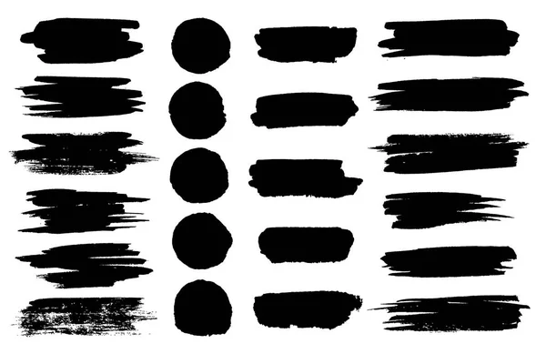 Vector svart färg pensel fläckar, highlighter linjer eller tuschpenna markör horisontella blobbar. Tuschpenna eller penseldrag och streck. Bläcket smetar abstrakt form fläckar och smeta set med textur — Stock vektor