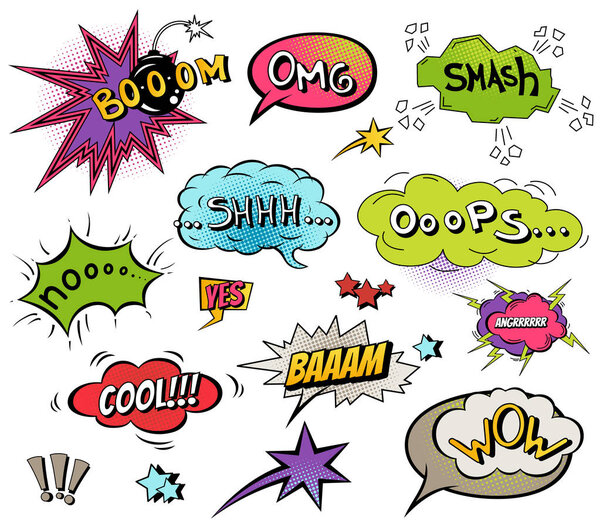 Comic speech bubbles and splashes set with different emotions and text Vector bright dynamic cartoon illustrations isolated on white background