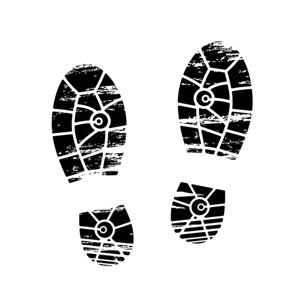 Huellas y huellas de zapatos icono en blanco y negro que muestra los pies desnudos y la huella de las suelas con patrones de calzado masculino y femenino. Zapatos botas de impresión — Archivo Imágenes Vectoriales