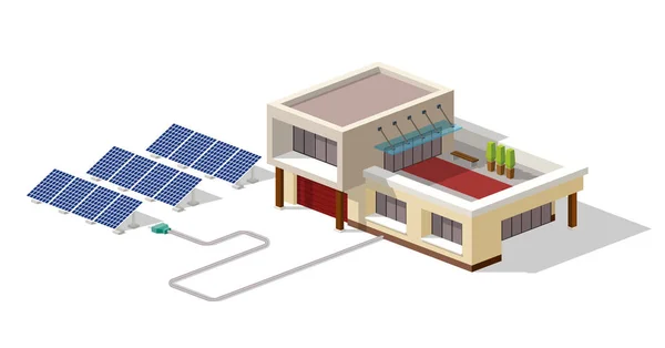 에코 하우스는 태양 전지 패널 공장을 연결. 대체 에코 그린 에너지, 3 차원 등각 infographic 개념 집. 태양 전지 패널을 설정합니다. 벡터 일러스트 레이 션 — 스톡 벡터