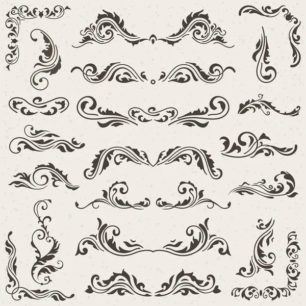 Set vettoriale di Elementi Swirl per il design. Decorazione calligrafica, Etichette, striscioni, cornici antiche e barocche ornamenti floreali. Vecchia carta — Vettoriale Stock