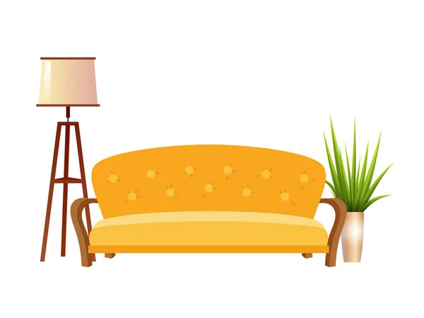 Реалистичный красный диван с напольной лампой и цветочным горшком — стоковый вектор