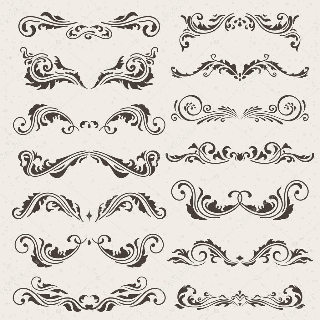 Vector set of Swirl Elements for design. Calligraphic page decoration, Labels, banners, antique and baroque Frames floral ornaments. Old paper