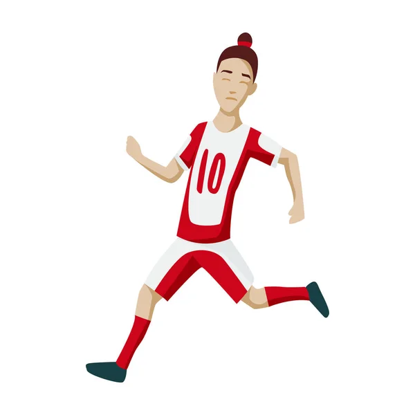 Χαρακτήρας ποδοσφαιριστή δείχνει ενέργειες. Χαρούμενος ποδοσφαιριστής πηδάει, γιορτάζει τη νίκη. Απλή διανυσματική απεικόνιση στυλ. — Διανυσματικό Αρχείο