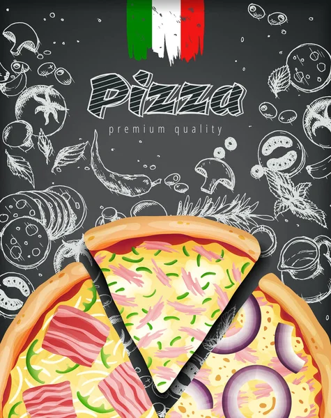Italian pizza ads or menu with illustration rich toppings dough on engraved style chalk doodle background. — Stock Vector