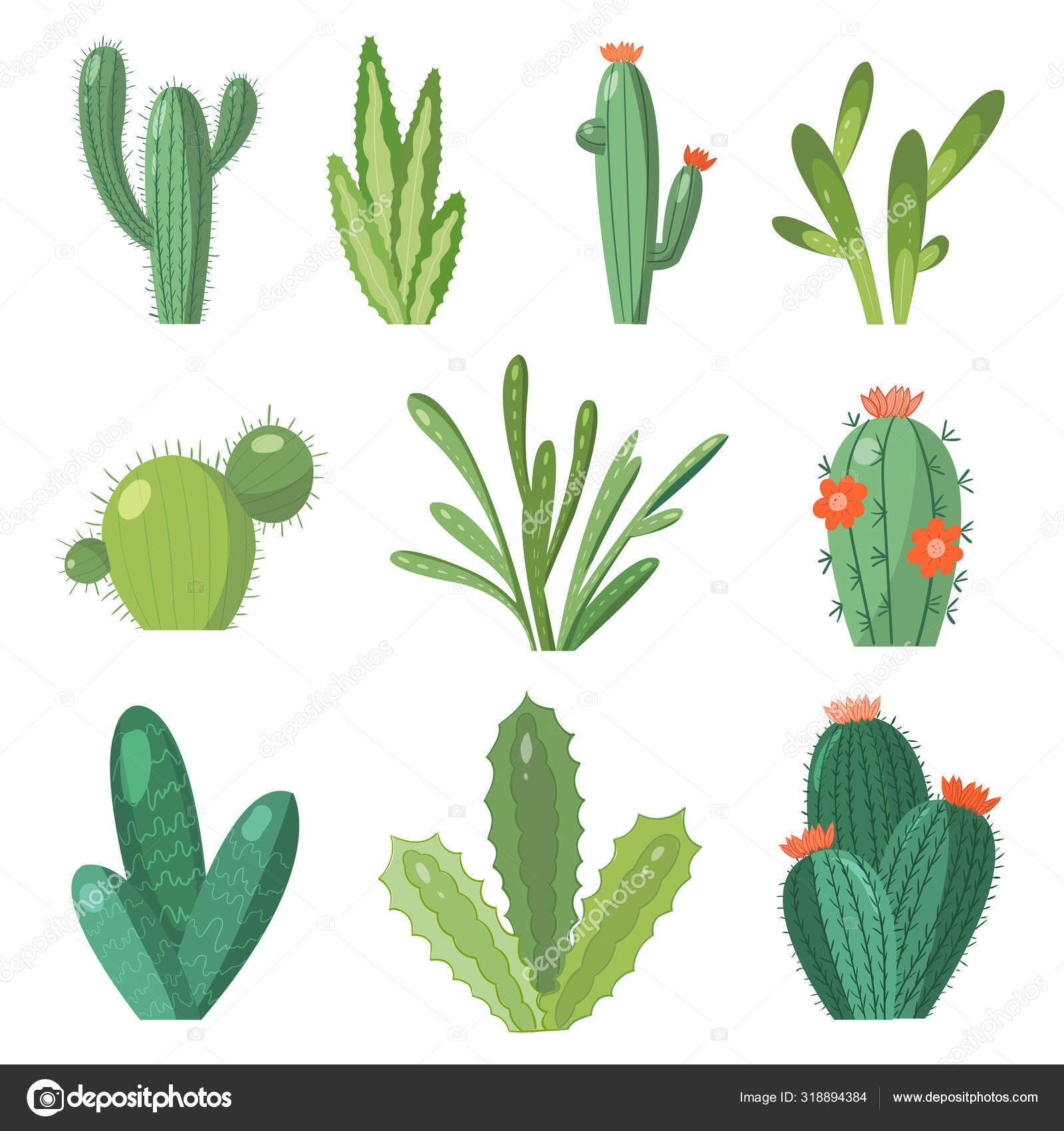 Conjunto de diferentes cactos verdes em pote de desenho em fundo