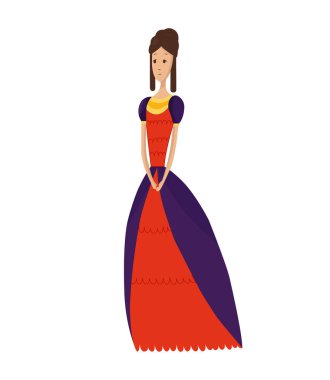 Rönesans kıyafet vektörü kadın karakter, ortaçağ moda elbisesi içinde. Tarihi kraliyet giysileri çizimi. Beyaz arka planda izole edilmiş, sanatsal kostümlü barok insanlar.