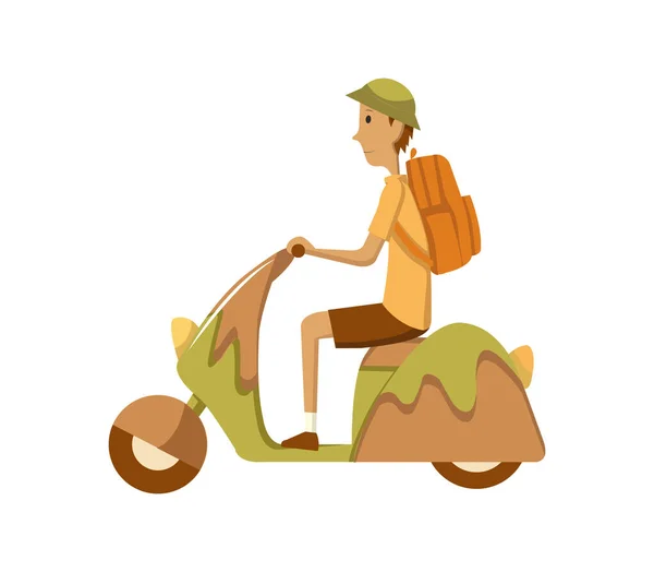 Vektör modern düz tasarım tasarımı. Retro scooter kullanan genç bir adam. Klasik görünümlü motosiklet süren adam, yan manzara. — Stok Vektör