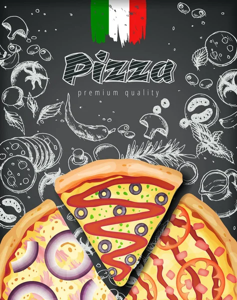 Italiensk pizza annonser eller meny med illustration rika pålägg deg på graverad stil krita doodle bakgrund. — Stock vektor