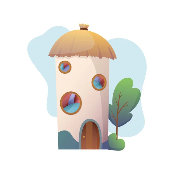Fantasy huis vector cartoon fee boomhut en huisvesting dorp illustratie set van kinderen sprookje playhouse geïsoleerd op witte achtergrond. — Stockvector