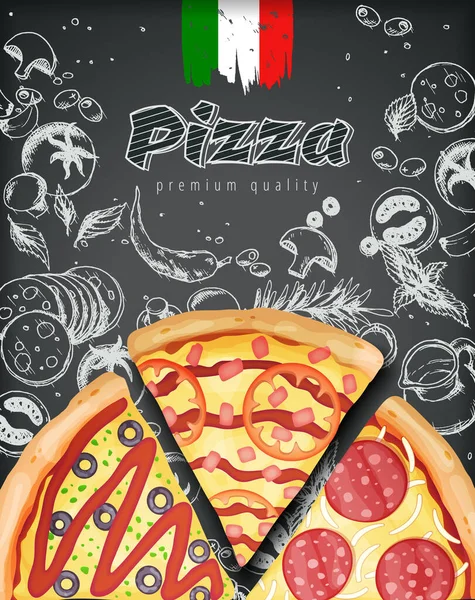 Włoskie reklamy pizzy lub menu z ilustracją bogate dodatki ciasto na grawerowanym stylu kreda doodle tle. — Wektor stockowy
